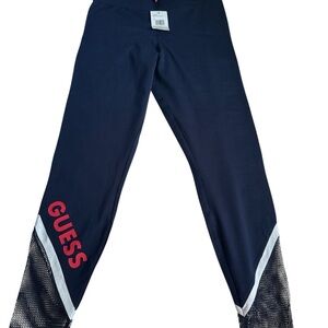 Guess women Blue Leggings with Red Logo and Mesh